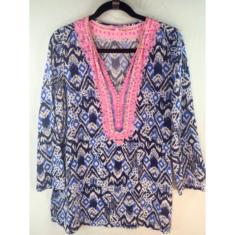 Lilly Pulitzer Silk Ikat Tunic Top Blue Pink Beaded V-Neck Medium‎